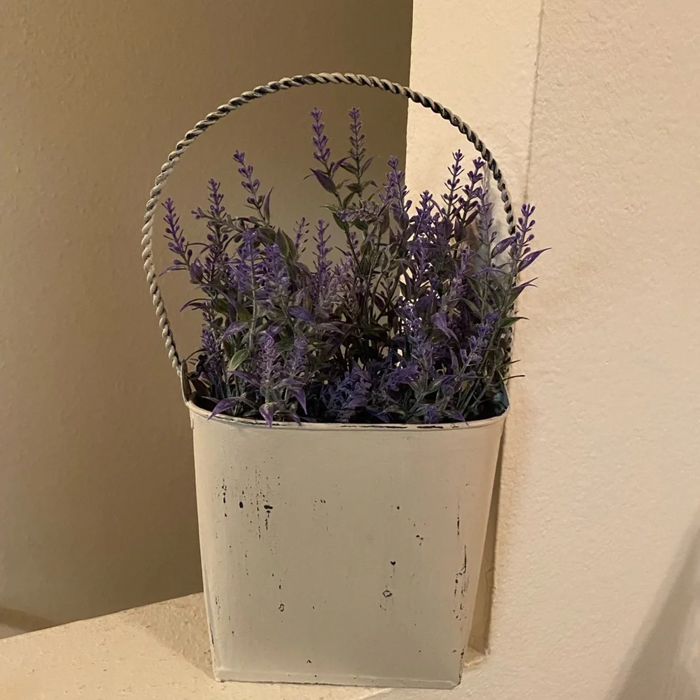 Lavender Florals in Metal Planter.Hand Painted with added Bird Transfer.Can Hsng
